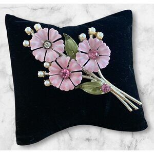 Vintage Signed Coro Silver Brooch With Pink Enameled Flowers Pearls Rhinestones